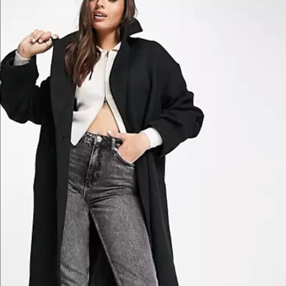 asos black slouchy wool blend wide lapel overlapping front belted coat. Size 6.